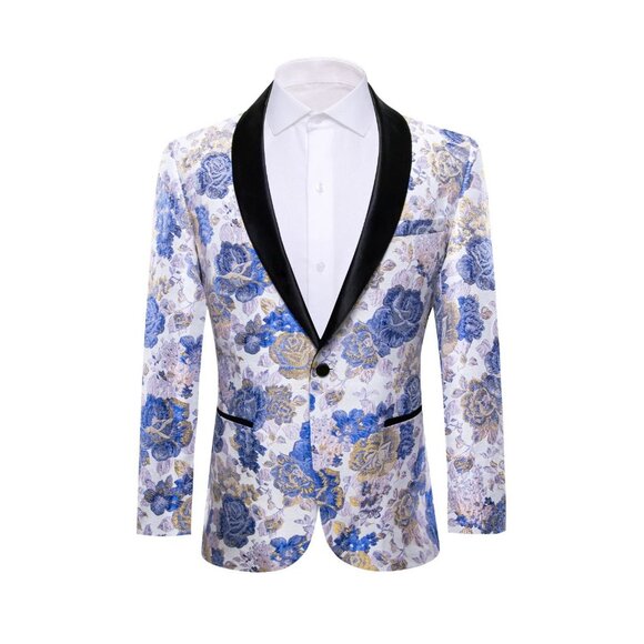 NEW! Barry Wang Tuxedo Jacket Floral Print Dinner Jacket Blue Gold SZ L - Picture 1 of 10